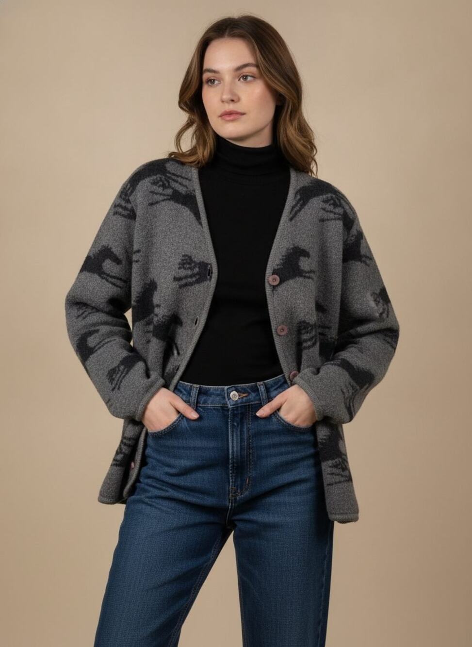 Lisa International Vintage Equestrian Novelty Cardigan Gray/Charcoal M